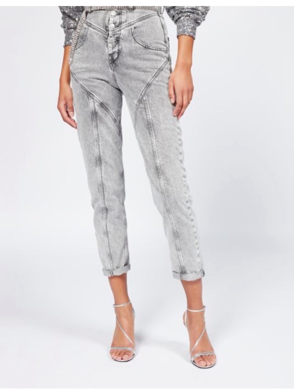Isabel Marant Rei Jeans High Rise Tapered Leg Acid Wash Black Gray Size 42 / 10